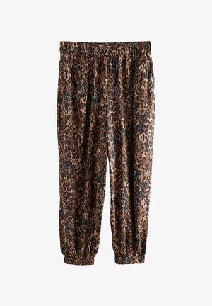 Leopard print pants in brown and black, featuring an elastic waistband and gathered cuffs for a relaxed fit. Smooth fabric texture.