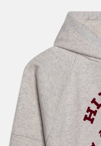 Jasnoszara bluza z kapturem o teksturowanej tkaninie, z bordowym nadrukiem graficznym i klasycznym kapturem ze sznurkiem. Zawiera rękawy raglanowe.