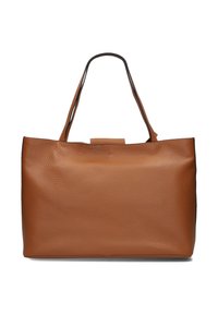 Borsa tote in pelle marrone con superficie texture, due manici a spalla e una forma semplice e rettangolare. Nessun hardware o motivo visibile.