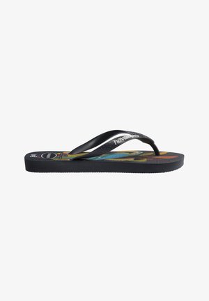 Schwarze Zehenstegsandale mit schwarzen Riemen, "havaianas" Logo und einem farbenfrohen Papagei-Motiv auf der Innensohle, seitlich gezeigt.