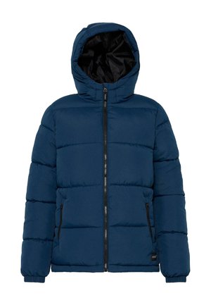 Veste en duvet bleu marine avec une capuche amovible, fermeture éclair à l'avant et deux poches latérales. Comprend des panneaux matelassés et des poignets élastiques.