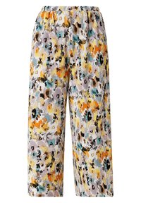 Pantalon à jambes larges en tissu léger plissé, présentant un motif floral abstrait dans des tons jaunes, orange, sarcelle, noir et blanc.