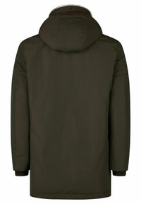 Donkergroene parka jas met capuchon, voorzien van een zachte voering, lange mouwen en een rechte snit, gemaakt van een glad, waterafstotend materiaal.