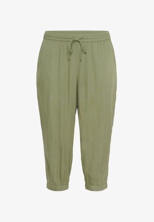 Světlé zelené volné kalhoty s elastickým pasem a šňůrkou. Ohnuté lemy a měkká, strukturovaná látka. Funkční boční kapsy.