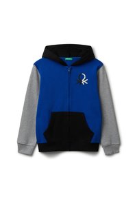 Hoodie zippé bleu et gris avec des accents noirs, présentant une poche avant et un design brodé sur la poitrine. Tissu doux, style décontracté.