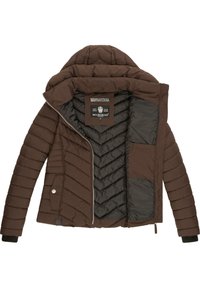 Brown puffer jacket with a quilted design, hood, zip closure, and contrasting dark interior. Features side pockets and ribbed cuffs.