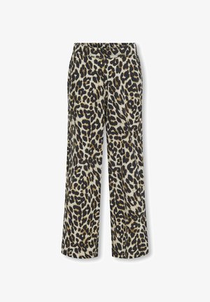 Pantalon large à taille élastique avec un imprimé léopard noir et marron sur fond beige.