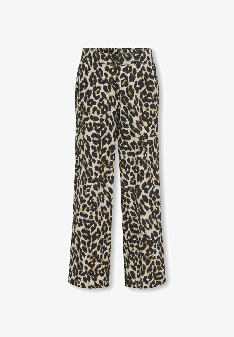 Pantalon large à taille élastique avec un imprimé léopard noir et marron sur fond beige.