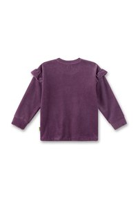 Lila Cordtop mit langen Ärmeln, Rüschenakzenten an den Schultern und einem gerippten Texture. Mit rundem Ausschnitt und gesäumten Säumen.