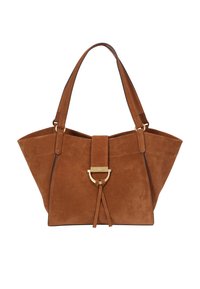 Suede tote bag in brown with a wide, angular shape. Features a gold-tone hardware accent, central strap, and two sturdy handles.