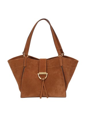 Suede tote bag in brown with a wide, angular shape. Features a gold-tone hardware accent, central strap, and two sturdy handles.