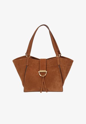 Suede tote bag in brown with a wide, angular shape. Features a gold-tone hardware accent, central strap, and two sturdy handles.