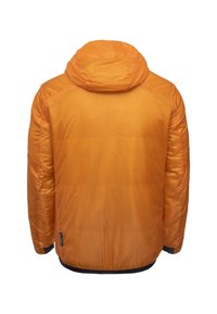 Orange isolierte Jacke mit Kapuze, ausgestattet mit einer glatten, glänzenden Textur, elastischen Bündchen und einem marineblauen Saum. Verstärkte Schulternaht.