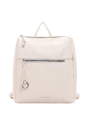 Sac à dos en cuir blanc texturé avec une fermeture éclair sur le dessus, une poche avant et un petit détail en boucle. Il présente des bretelles rembourrées et une poignée sur le dessus.