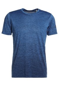 Kortärmad t-shirt med rund hals i en melerad blå tyg, som har en slät textur och subtilt mönster, perfekt för avslappnad användning.