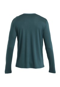 Teal Langarm-Shirt aus weichem, leichtem Stoff. Es hat einen Rundhalsausschnitt und eine glatte Textur, ohne Verzierungen oder Muster.