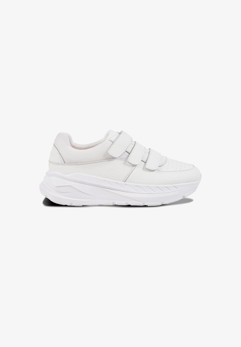 White sneakers with a textured fabric upper, three Velcro straps, thick cushioned sole, and a streamlined, rounded shape.