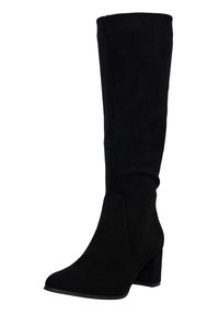 Bota alta de ante negro con forma cónica, tacón cuadrado y textura suave. Presenta un diseño sencillo y sin detalles de hardware visibles.