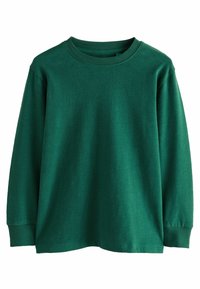 Tumši zaļš gar sleeves crewneck krekls ar ribināmām aprocēm un apkakli, vienkāršs dizains, izlikts uz balta fona.