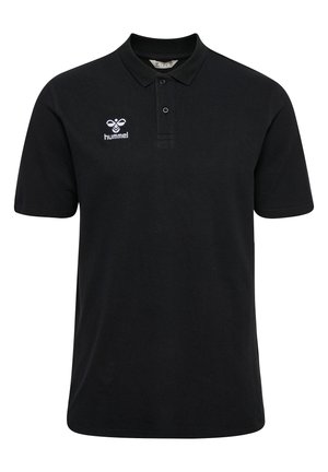 Polo-shirt noir en coton, doté d'un col, de deux boutons et d'un logo blanc brodé sur la poitrine.