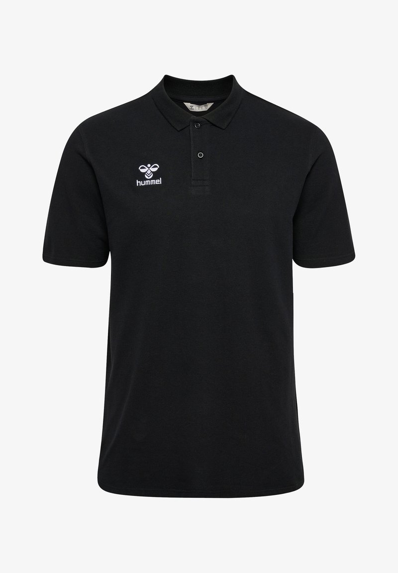 Zwarte poloshirt van katoen, met een kraag, twee knopen en een geborduurd wit logo op de borst.