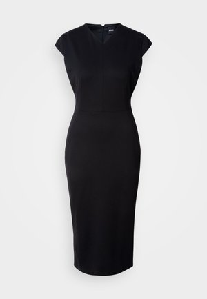 Svart, tettsittende kjole med cap-sleeves, v-hals, og en knelengde silhuett. Glatt stoff og en diskret glidelåsdetalj bak.