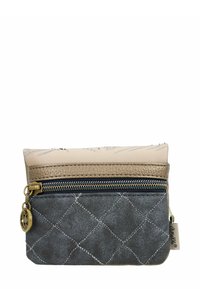 Pequeño estuche acolchado en azul oscuro y beige con bolsillo delantero con cremallera y lengüeta decorativa de bronce en la cremallera.