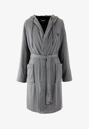 Peignoir à capuche gris avec ceinture à nouer, deux poches avant et logo BOSS sur la poitrine, en tissu doux.