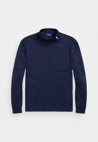 Maglia a maniche lunghe collo alto di colore blu marina realizzata in tessuto morbido; presenta un piccolo logo ricamato bianco sul colletto.