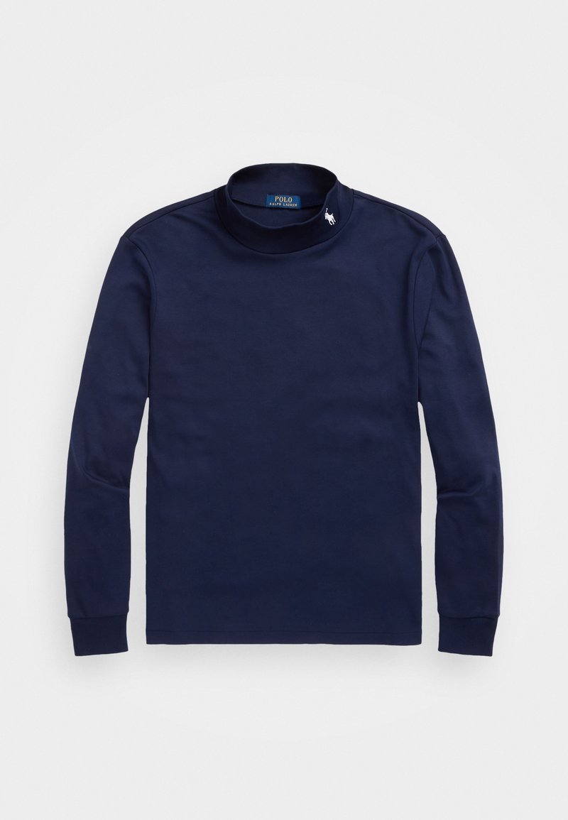 Maglia a maniche lunghe collo alto di colore blu marina realizzata in tessuto morbido; presenta un piccolo logo ricamato bianco sul colletto.