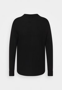 Pull en tricot noir texturé avec un col montant, des manches longues et des poignets. Présente une coupe décontractée et un design minimaliste.
