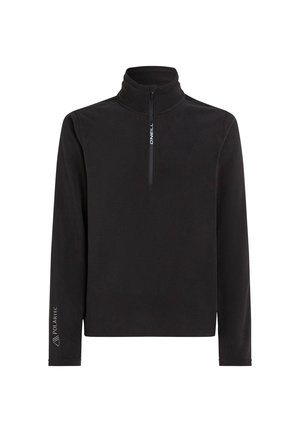 Black pullover fleece, quarter-zip design, smooth texture, long sleeves, features "O'Neill" logo and "Polartec" branding on sleeve.
