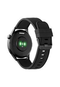 Zwarte smartwatch met een gestructureerde siliconen band, ronde wijzerplaat, kroon aan de zijkant en groene sensorlichten aan de achterkant.