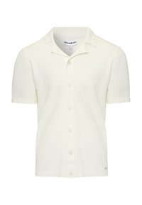 Koszula krótko rękawowa z kołnierzykiem w odcieniu off-white, wykonana z fakturowanej tkaniny, z guzikiem z przodu i subtelną metką z logo na dolnym brzegu.