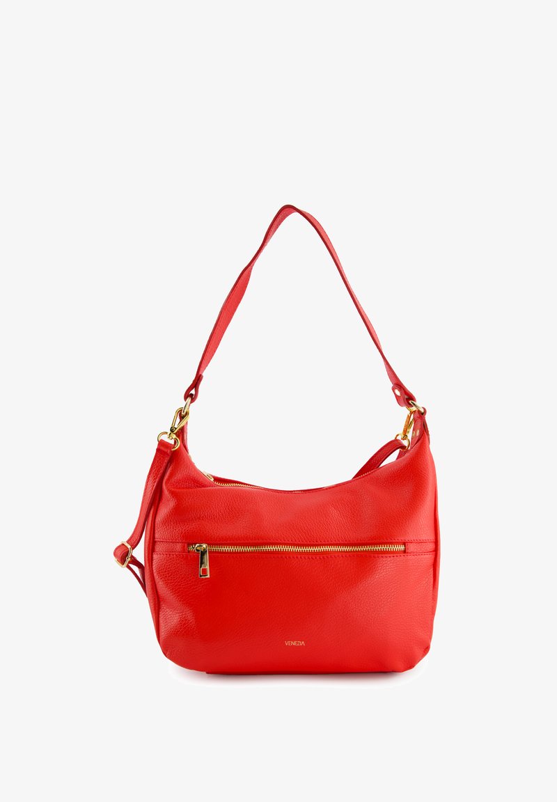 Red leather shoulder bag with textured surface, gold-tone hardware, and a front zip pocket. Adjustable strap for versatile carrying options.