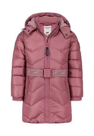 Rosa Daunenjacke mit Chevron-Muster, Frontreißverschluss und Kapuze. Mit elastischen Bündchen und einem dekorativen Gürtel in der Taille. Seitentaschen sind ebenfalls enthalten.