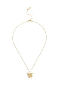 Delicate gouden ketting met een kleine gepende vleugelpferd-hanger, voorzien van zwarte en roze emaille details en een kreeftsluitingen.