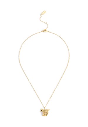 Delicate gold chain necklace with a small winged horse pendant featuring black and pink enamel details and a lobster clasp closure.