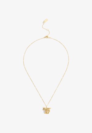 Collier délicat en chaîne dorée avec un petit pendentif représentant un cheval ailé, doté de détails en émail noir et rose et d'un fermoir mousqueton.