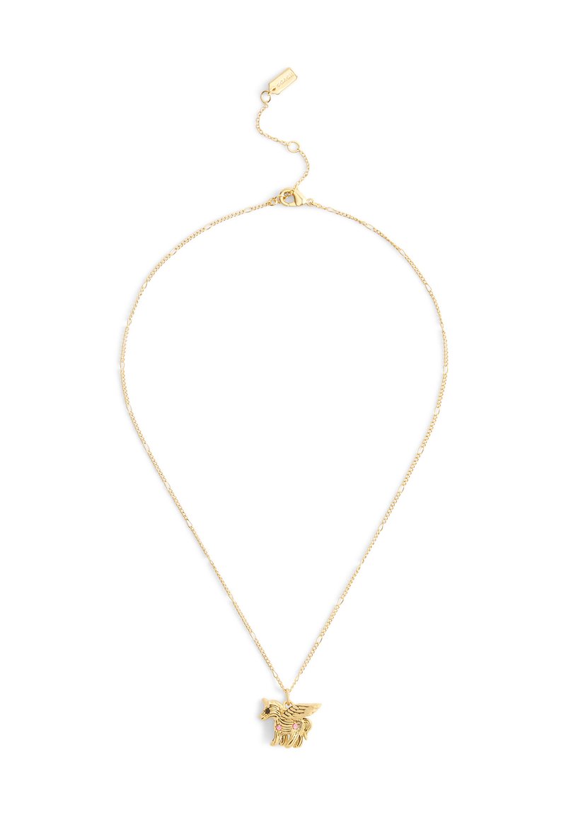 Delicate gouden ketting met een kleine gepende vleugelpferd-hanger, voorzien van zwarte en roze emaille details en een kreeftsluitingen.