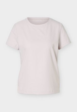 Schlichtes hellbeiges T-Shirt mit kurzen Ärmeln und Rundhalsausschnitt, lockere Passform, auf weißem Hintergrund präsentiert.