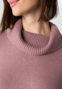 Pullover-Pullover aus weichem, geripptem Strickmaterial, mit einem breiten, umgeschlagenen Rollkragen. Die Farbe ist gedämpftes Mauve, mit gleichmäßigen Nähdetails.