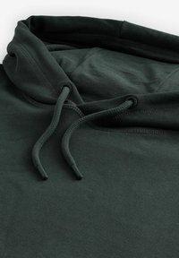 Dark green hoodie featuring a rounded neckline, drawstring adjusted hood, and smooth, soft cotton fabric with minimal stitching detail.