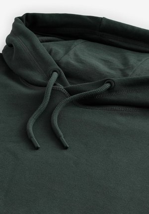 Dark green hoodie featuring a rounded neckline, drawstring adjusted hood, and smooth, soft cotton fabric with minimal stitching detail.