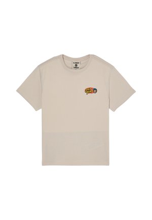 T-shirt beige clair à manches courtes avec un petit logo coloré "Split Paint" sur la poitrine gauche et un col rond.