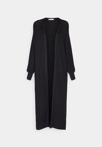 Cardigan lungo nero realizzato in tessuto lavorato a maglia. Presenta una parte anteriore aperta, maniche lunghe e una vestibilità comoda. Senza chiusure né decorazioni.