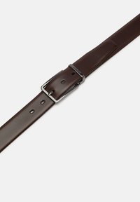 Dark brown leather belt with a silver metal buckle and five holes on a white background.
