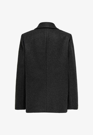 Dark gray wool coat with a straight cut, notched collar, and long sleeves. Textured fabric with no visible fastenings or patterns.