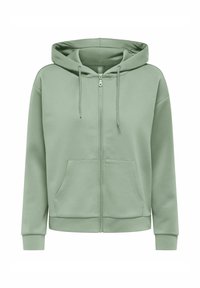 Světle zelená mikina na zip s kapucí na šňůrku, přední kapsy a pružné manžety. Vyrobena z měkké, hladké látky s klasickým designem.