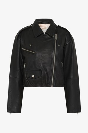 Must nahast kärbitud motomehe jakk asümmeetrilise esilukuga, lukuga rinnatasku, klapiga tasku ja õlaepolettidega.